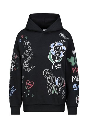 Black hoodie with a drawstring, featuring multicolored graphic designs, including flowers, hearts, and text. Made of soft fabric with ribbed cuffs.