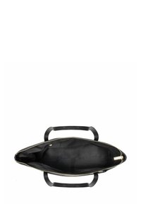 Czarna skórzana torba typu tote z zamknięciem na zamek, dwoma górnymi uchwytami oraz przestronnym wnętrzem z czarnej tkaniny. Posiada gładką teksturę i złoty zamek.