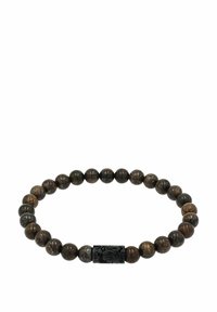 Brązowy drewniany naszyjnik z gładką teksturą, z centralnym czarnym akcentem metalowym z wygrawerowanym wzorem.