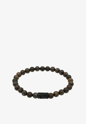 Braccialetto in legno marrone con una texture liscia, dotato di un accento centrale in metallo nero con dettagli incisi.