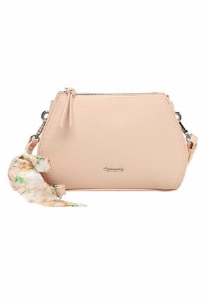 Hellrosa strukturierte Leder-Umhängetasche mit silbernem Reißverschluss, silbernem Logo, abnehmbarem Riemen und einem an der Seite gebundenen, geblümten Stoff.