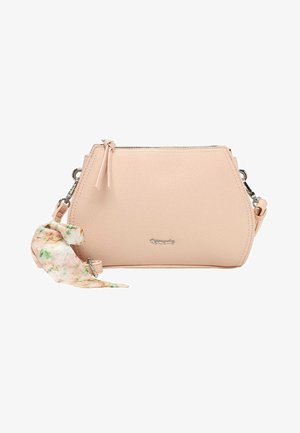 Borsa a tracolla in pelle rosa chiaro con texture, con cerniera argento, logo argento, tracolla removibile e tessuto floreale legato su un lato.