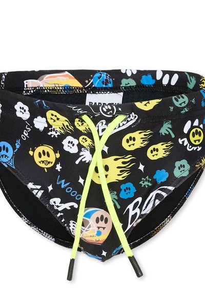 Maillots de bain noirs avec cordons de serrage jaune néon, décorés de têtes de mort dessin animé colorées, flammes, nuages et texte ludique.