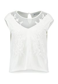 Biała bluzka z haftem kwiatowym na przodzie, okrągłym dekoltem, krótkimi rękawami oraz detalem w postaci otwarcia z tyłu. Miękka tkanina.