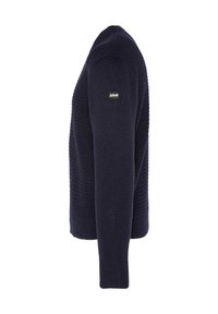 Marineblauer Strickpullover mit strukturiertem Muster, tailliertem Schnitt und langen Ärmeln. Besitzt ein kleines schwarzes Etikett auf der linken Schulter.