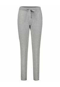 Hellegraue Jogginghose aus weichem Material, mit einem Kordelzugbund, schmal zulaufenden Beinen und ohne sichtbare Taschen oder Muster.