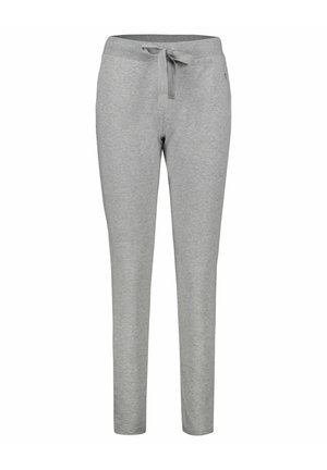Pantaloni sportivi grigi chiari realizzati in un tessuto morbido, con vita regolabile tramite cordoncino, gambe affusolate e senza tasche o motivi visibili.