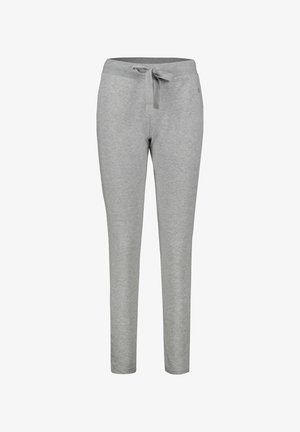 Pantalones deportivos de color gris claro, hechos de una tela suave, con cintura elástica ajustable, perneras tapered y sin bolsillos visibles ni patrones.