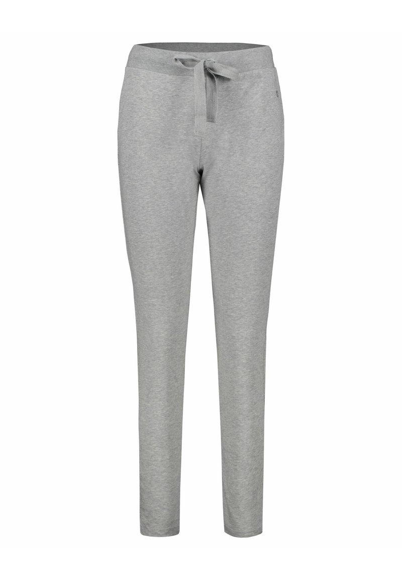 Hellegraue Jogginghose aus weichem Material, mit einem Kordelzugbund, schmal zulaufenden Beinen und ohne sichtbare Taschen oder Muster.