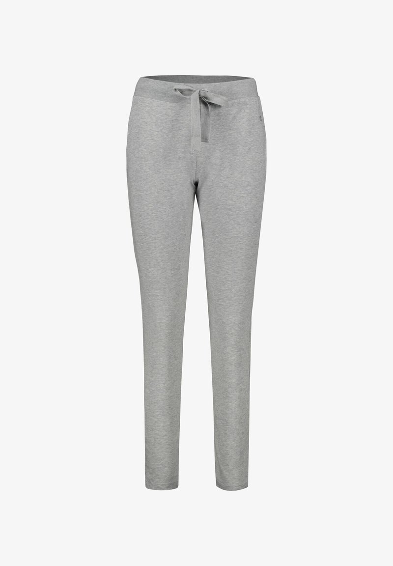 Pantaloni de trening gri deschis, confecționați dintr-un material moale, având un tiv cu şnur, picioare conice și fără buzunare vizibile sau modele.