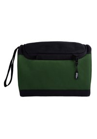 Groene geïsoleerde tas met een zwarte ritssluiting, rechthoekige vorm, textielstof en een handvat aan de zijkant voor gemakkelijke draagbaarheid.