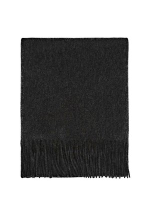 Schwarzer Wollschal mit fransigen Kanten, verfügt über eine weiche, strukturierte Oberfläche und hat eine rechteckige Form, geeignet für Wärme und zum Schichten.