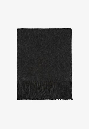 Écharpe en laine noire avec des bords frangés, dotée d'une surface douce et texturée et d'une forme rectangulaire, idéale pour la chaleur et le superposition.