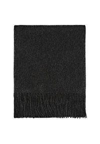 Sort uldhalstørklæde med frynser, der har en blød, tekstureret overflade og en rektangulær form, velegnet til varme og lag-på-lag styling.