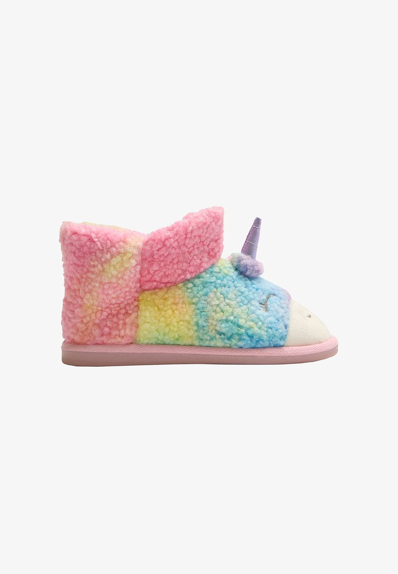 Zapatillas temáticas de unicornio coloridas con textura esponjosa, que presentan tonos pastel de rosa, amarillo y azul, y una punta suave y redondeada.