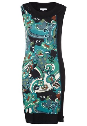 Robe sans manches avec un motif coloré de fleurs et de tourbillons sur un fond bleu sarcelle et noir, dotée d'un col rond et d'accents de boutons.