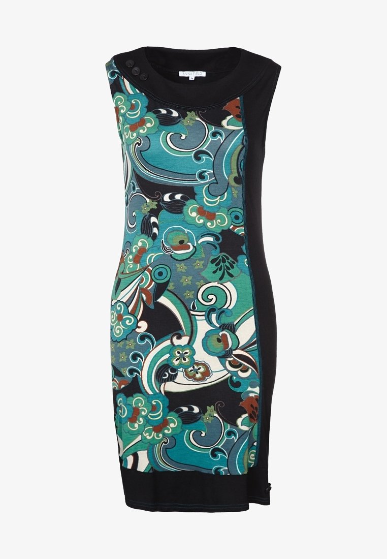 Robe sans manches avec un motif coloré de fleurs et de tourbillons sur un fond bleu sarcelle et noir, dotée d'un col rond et d'accents de boutons.
