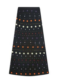 Jupe noire en A ornée de motifs floraux multicolores, incluant des tulipes et des marguerites, avec des lignes texturées et de petits accents décoratifs.