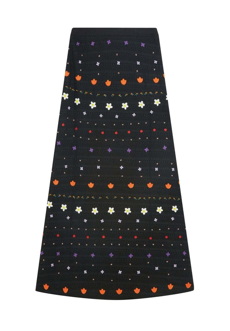 Jupe noire en A ornée de motifs floraux multicolores, incluant des tulipes et des marguerites, avec des lignes texturées et de petits accents décoratifs.