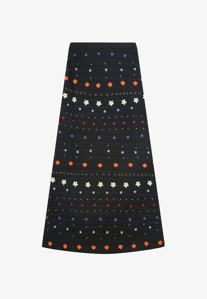 Black A-line skirt featuring multicolored floral patterns, including tulips and daisies, with textured lines and small decorative accents.