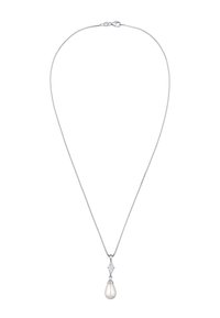 Sølv kæde med en central dråbeformet perle vedhæng, udsmykket med en marquise-slebet sten over perlen. Glat tekstur.
