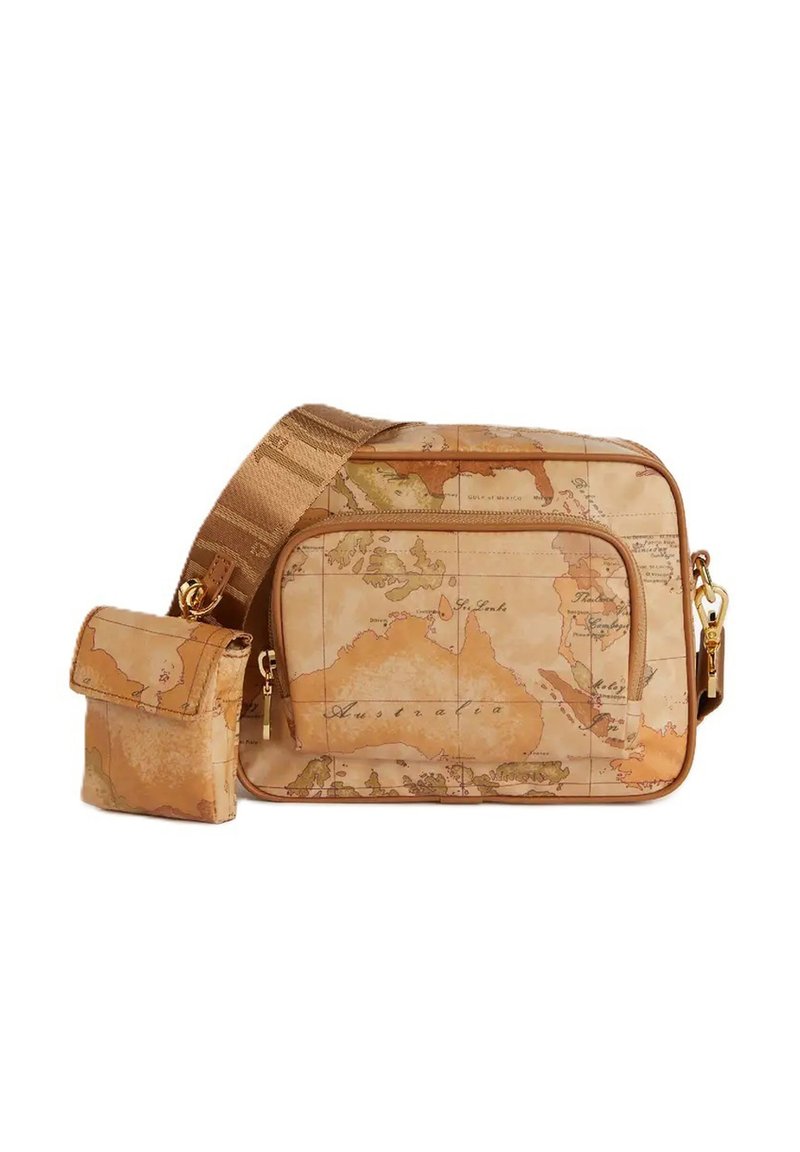 Borsa a tracolla con stampa della mappa del mondo in tonalità beige e marrone, dotata di un grande scomparto principale e di una piccola pochette staccabile.