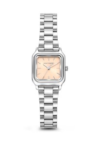 Montre carrée en acier inoxydable argenté avec un cadran pêche et des marqueurs d'heure argentés. Elle est équipée d'un bracelet en métal maillé et d'une couronne sur le côté.