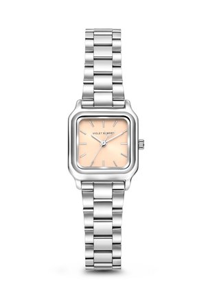 Square silver stainless steel watch with a peach face and silver hour markers. Features a linked metal bracelet and a crown on the side.