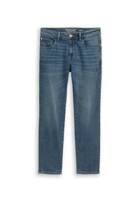 Blauwe denim jeans met medium wassing, rechte pasvorm, vijf zakken en een ritssluiting. Voorzien van subtiele vervaging en zakstiksel details.