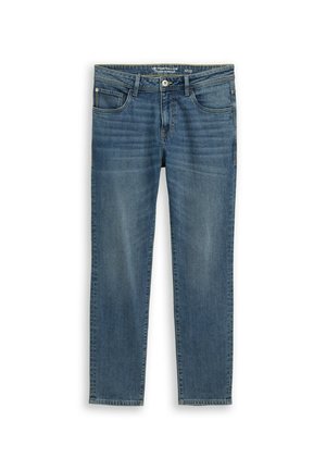 Jeans in denim blu medio lavaggio con taglio dritto, design a cinque tasche e chiusura con cerniera. Presentano un leggero scolorimento e dettagli di cucitura sulle tasche.