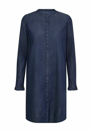 Vestito in denim blu scuro a maniche lunghe con colletto alla coreana, patta con bottoni nascosta e polsini arricciati.
