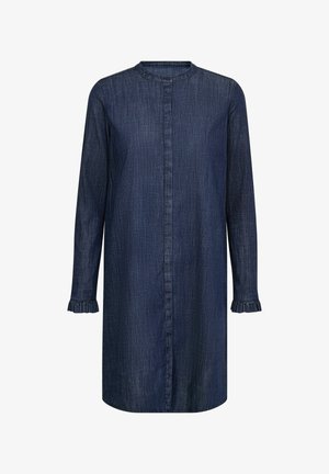 Vestito in denim blu scuro a maniche lunghe con colletto alla coreana, patta con bottoni nascosta e polsini arricciati.