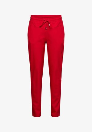 Rode sportieve broek met een elastische tailleband, verstelbare trekkoord, taps toelopende pijp en zijzakken. Gemaakt van glad, lichtgewicht materiaal.