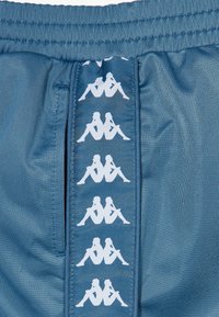 Pantaloncini sportivi blu con una texture liscia, caratterizzati da un accento verticale bianco con loghi ripetuti. Vita elastica nella parte superiore.