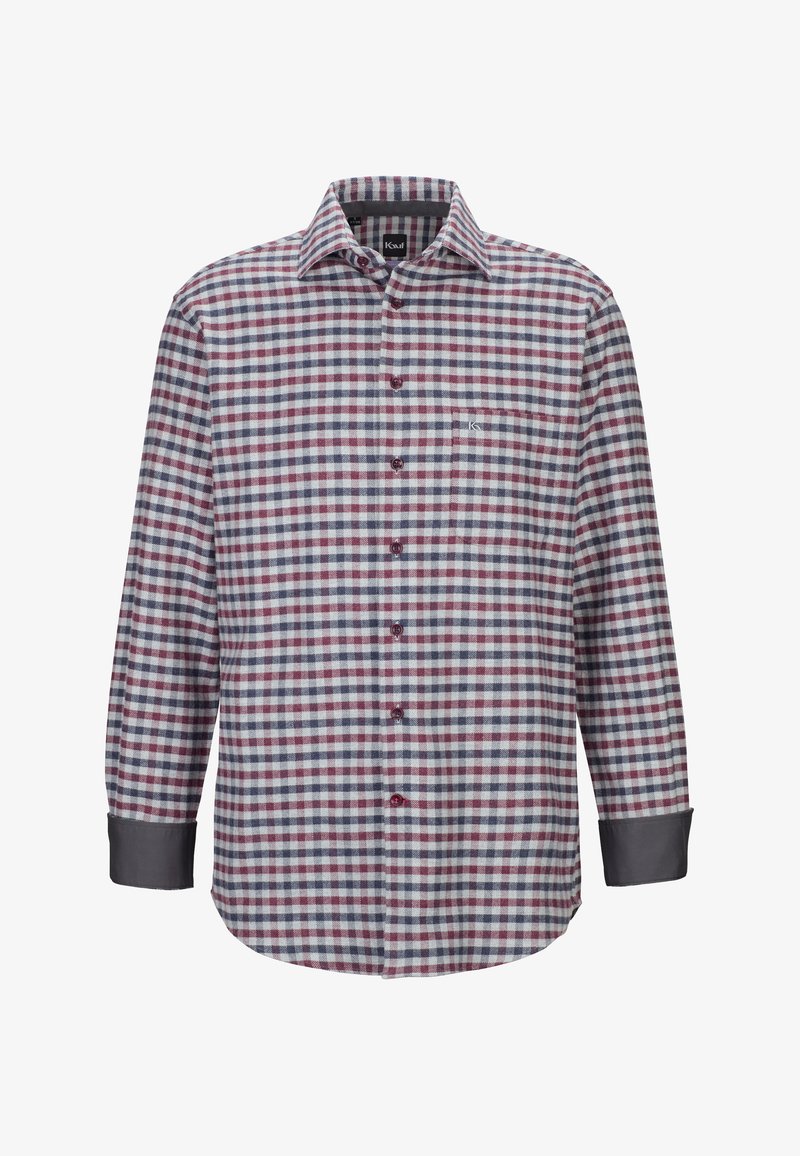 Camicia a maniche lunghe a quadri in rosso, blu navy e bianco. Con bottoni, taschino sul petto e polsini grigi a contrasto. Tessuto in cotone.