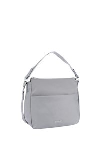 Graue synthetische Schultertasche mit Reißverschluss, verstellbarem Tragegurt, Fronttasche und Silberbeschlägen. Glatte Textur, minimalistisches Design.