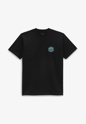 T-shirt en coton noir avec un petit logo "VANS" turquoise et blanc, encolure ronde, manches courtes et texture lisse.