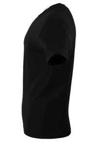 Black cotton t-shirt with short sleeves, a round neckline, and a fitted shape. Smooth texture with no visible patterns or accents.