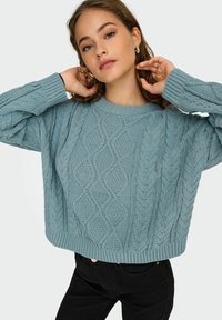 Pull en tricot bleu clair avec un motif côtelé, des poignets en côtes et une coupe courte. Porté par-dessus un pantalon noir.