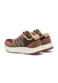 Brown suede and mesh sneakers with a textured beige accent, featuring a white midsole and small decorative studs on the side.