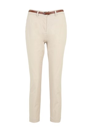 Beige trousers with a slim fit, featuring a brown belt, front pockets, and a smooth fabric texture.