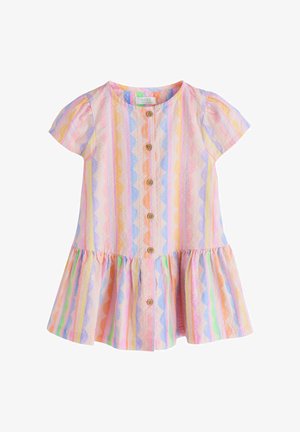 Otroška obleka s kratkimi rokavi z večbarvnimi navpičnimi valovitimi črtami, lesenimi gumbi na sprednji strani in nabranim robom z naborki.