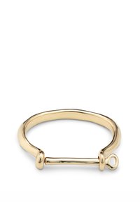 Pulsera en tono dorado con diseño liso y redondeado que incluye una barra desmontable y un cierre circular. Acabado pulido con detalles mínimos.