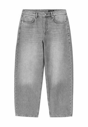 Jeans in denim grigio a gamba dritta con cinque tasche, passanti per cintura e chiusura con patta e bottoni, caratterizzati da una finitura lavata.