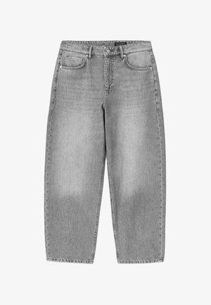 Grijze, recht gesneden spijkerbroek met vijf zakken, riemlussen en een knoopsluiting, met een gewassen afwerking.