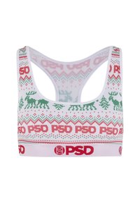 Weißer Sport-BH mit einem festlichen rot-grünen Weihnachtmuster mit Rentieren, Bäumen und dem "PSD"-Logo am Bund.
