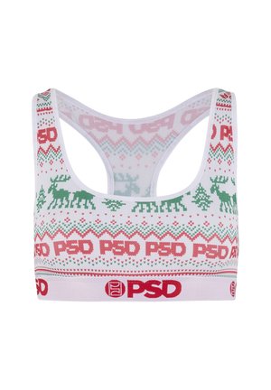 White sports bra featuring a festive red and green holiday pattern with reindeer, trees, and "PSD" logo on the band.