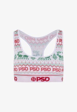 White sports bra featuring a festive red and green holiday pattern with reindeer, trees, and "PSD" logo on the band.
