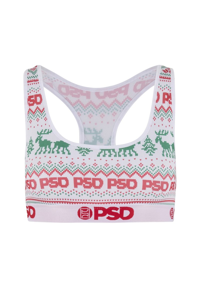 Weißer Sport-BH mit einem festlichen rot-grünen Weihnachtmuster mit Rentieren, Bäumen und dem "PSD"-Logo am Bund.