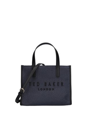Sac cabas bleu marine texturé avec poignées noires et bandoulière amovible, avec "Ted Baker London" embossé sur le devant.